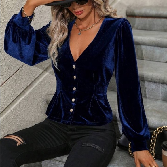 SHEIN Lantern Sleeve Button Front Velvet Blouse Dark Blue Size XL (12) - Picture 1 of 12